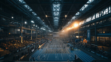 Naklejka premium Hyrox, High intensity functional fitness race inside modern arena. World Series of Fitness Racing.