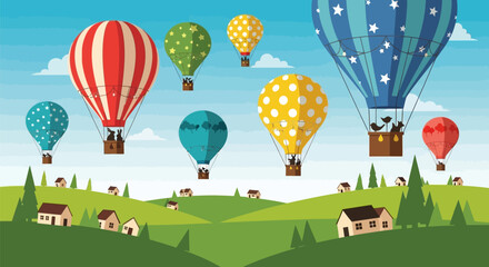 Obraz premium Colorful hot air balloons flying over a green landscape with houses and trees under a blue sky with clouds