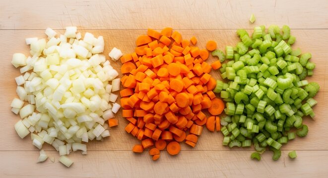 Three distinct piles of finely chopped onions, carrots, and celery (mirepoix) arranged side-by-side on a light wood surface.