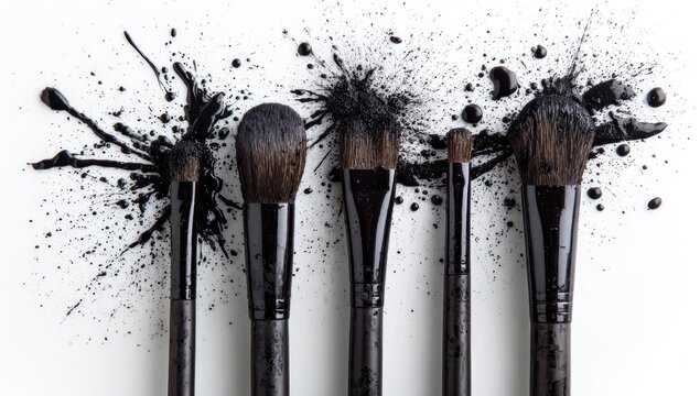 Makeup brushes splayed in a black, inky explosion