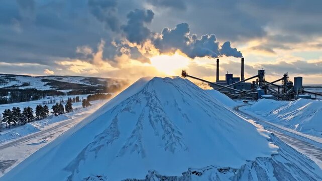 Snow-covered mountain with industrial plant in background. Smoke rises into sky during sunset above snowy terrain. Concept of industry, environment, construction