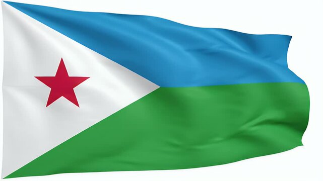 A waving flag with a red star on a white triangle and blue and green horizontal bands