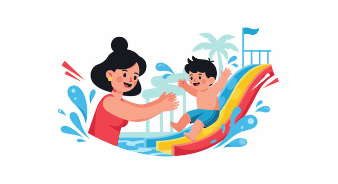 Joyful child slides down colorful waterpark attraction toward open arms