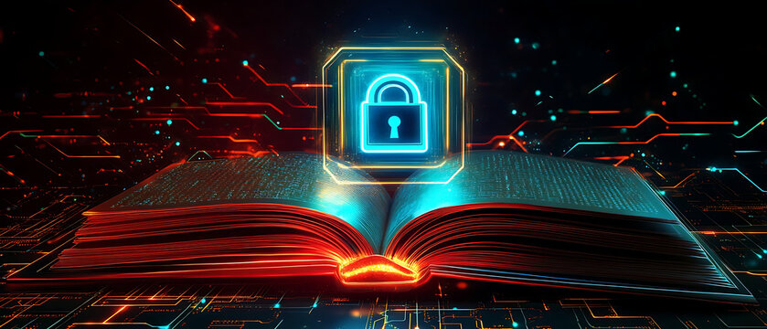 ata encryption knowledge concept illustration, radiant book projecting digital padlock hologram, glowing circuitry lines across dark background, vibrant neon gradients, cinematic tech lighting, 