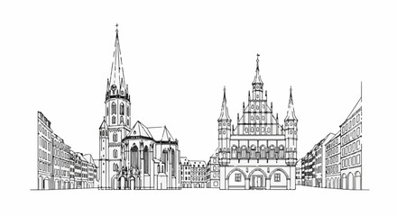 Fototapeta premium Line art cityscape featuring a cathedral, town hall, and buildings on a street