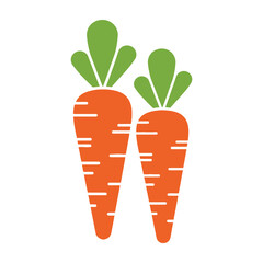 Two orange carrots with green tops standing upright on white background simple illustration vibrant colors healthy food concept © creative vector hut