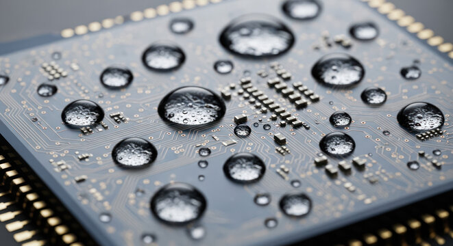 Close-up of a computer circuit board with water droplets on it.