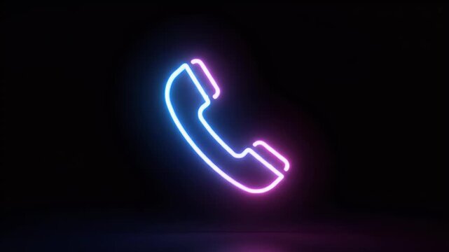 A neon telephone receiver glows with blue and pink light against a dark background