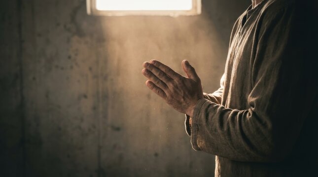 Cinematic close-up of hands in Anjali Mudra prayer pose with Tyndall light and dust in concrete hall.