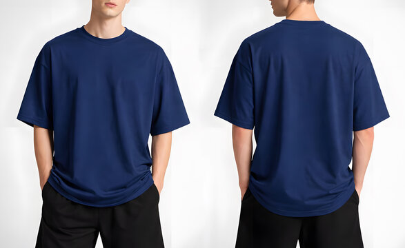 Navy blue oversized t-shirt mockup with front and back views on model, clean studio template for apparel branding, print design, and fashion presentation.
