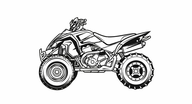 A black and white illustration of a four-wheeled all-terrain vehicle