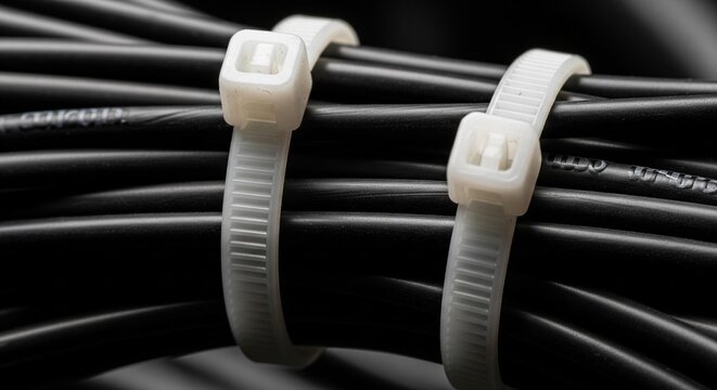 A close-up of two white plastic zip ties securing a bundle of black electrical cables.