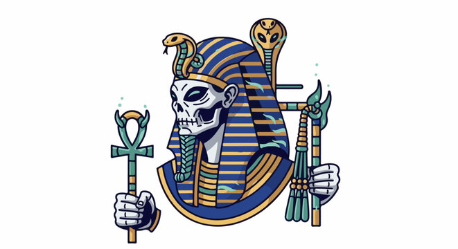 Egyptian pharaoh skull adorned with cobras and regal symbols
