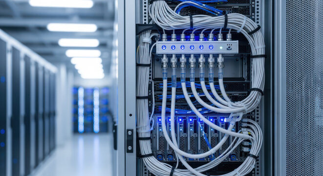 Close-up of a server rack with organized cables in a data center with blurred background.