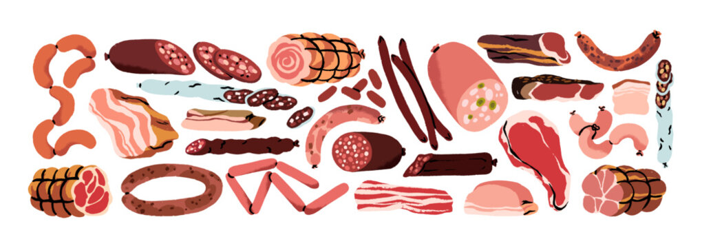 Different kinds of meat products set. Tasty sausages, beef steak, chop, pork and chicken wieners, ham. Fresh grocery, food for barbecue. Flat isolated vector illustrations on white background.
