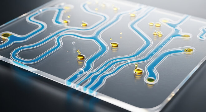 Close-up of a circuit board with blue pathways and gold connectors on a dark background.