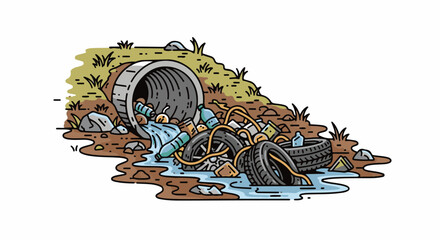 Fototapeta premium Dumped refuse including tires and bottles spills from concrete pipe into water