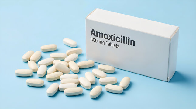 Amoxicillin Antibiotic Tablets and White Medicine Box