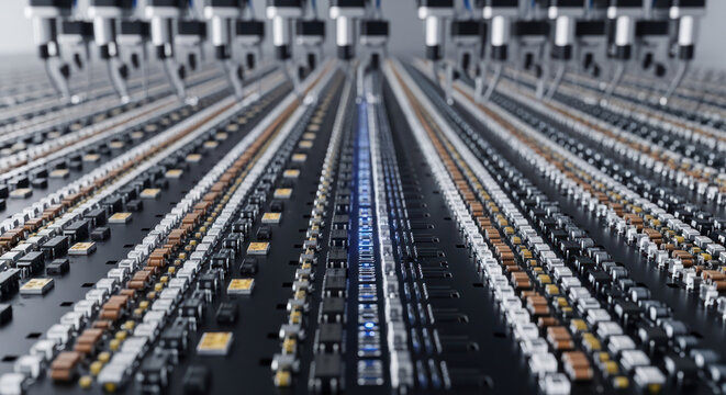 Close-up of a professional audio mixing console with numerous faders and knobs.