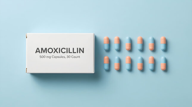 Amoxicillin Antibiotic Tablets and White Medicine Box
