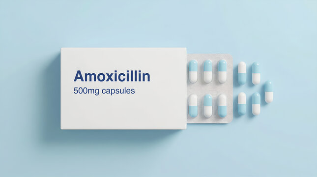 Amoxicillin Antibiotic Tablets and White Medicine Box