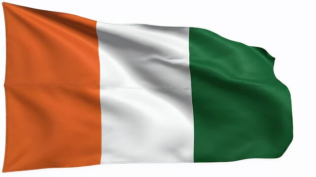 A national flag with three vertical stripes, orange, white, and green, waving