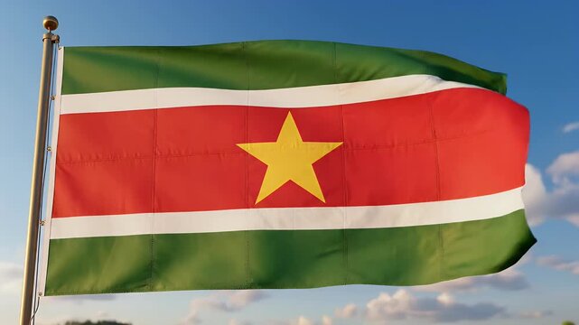 A flag with green, white, and red stripes and a yellow star flies against blue sky