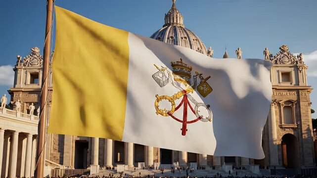 Flag with papal keys and tiara waves in front of a grand dome-topped building