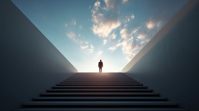 Silhouette of a businessman walking up a long staircase toward the bright sky.