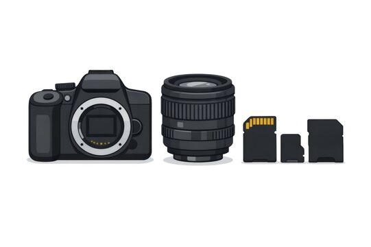 Digital camera body, lens, and various memory cards arranged on a white background, demonstrating essential gear for aspiring and professional photographers