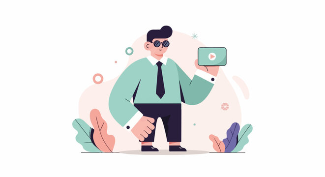 Cheerful businessman in sunglasses shows a tablet with a play button