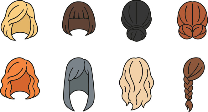 Cartoon hairstyle collection with straight, wavy, braided, and updo designs in colorful vector fashion illustration