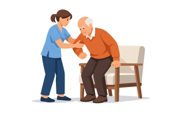Fototapeta premium Professional caregiver providing support and help to an elderly man with mobility, assisting him in standing up from an armchair, illustrating home healthcare and senior care