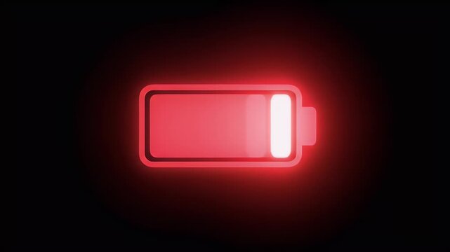 Glowing red battery icon with low charge, set against a dark background