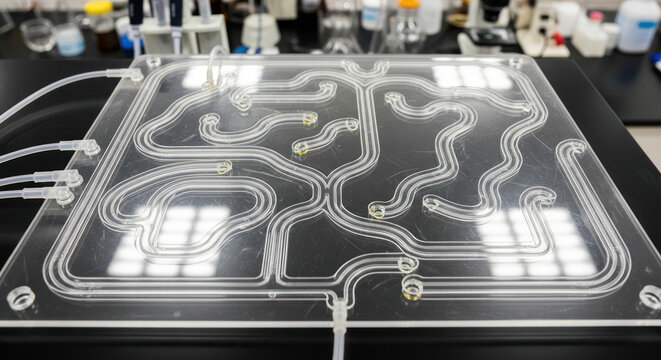 Close-up of a transparent microfluidic chip on a lab table with tubes and equipment in the