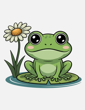 A cheerful cartoon frog sitting by a daisy in a serene pond setting