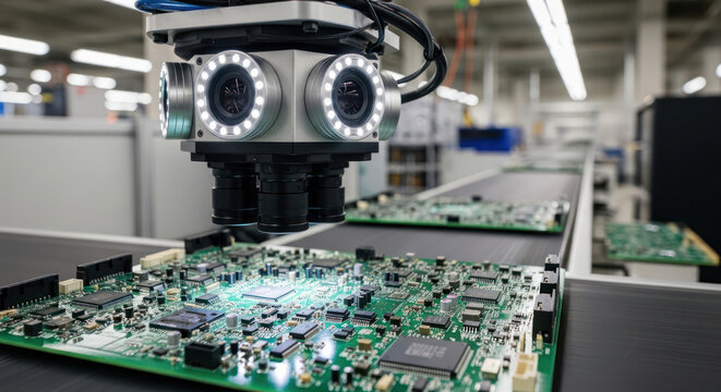 Automated inspection machine examining electronic circuit boards on a production line in a