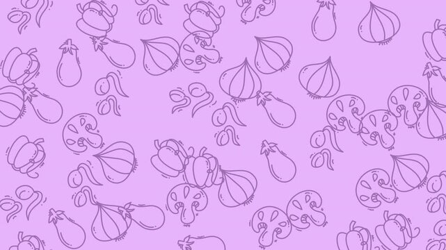 Autumnal pattern featuring pumpkins, garlic, eggplants, and mushrooms on a lilac background. Perfect for food and seasonal designs.