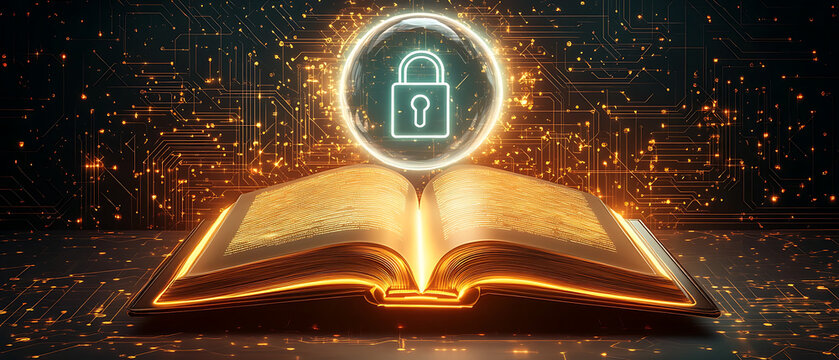 ata encryption knowledge concept illustration, radiant book projecting digital padlock hologram, glowing circuitry lines across dark background, vibrant neon gradients, cinematic tech lighting, 