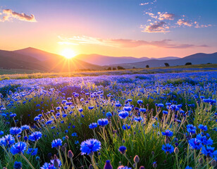 Naklejka premium Blue cornflowers field sunset mountains