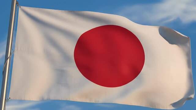 A red disc on a white field, rippling against a blue sky