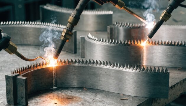 Medium shot of a carbidetipped blade woodworking line showing precision brazing of carbide teeth onto steel bodies for durable cutting tools.
