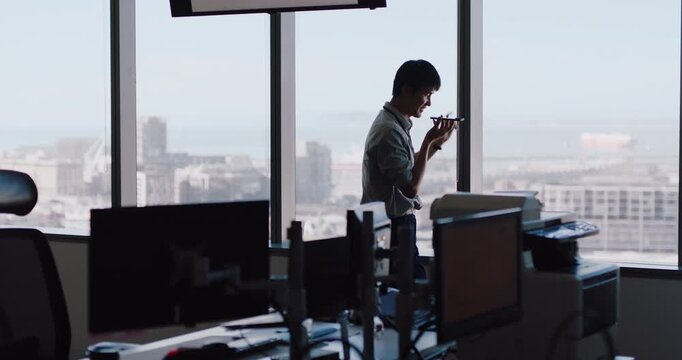 Walking, phone call and recording with business man in office for reminder, communication or speaker. Contact, negotiation feedback and loudspeaker with asian person pacing for advisor and chat