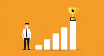 Fototapeta premium Business Growth Success Ladder Concept Achieving Goals Reaching Top Trophy Cup Career Advancement Rising Steps Performance Aim Motivation Opportunity Orange