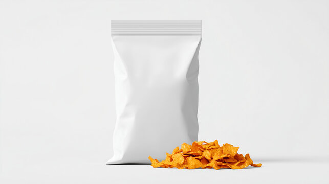 Blank snack package with potato chips on white background. Food packaging mockup for branding, product design, and advertising concept.
