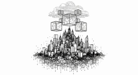 Obraz premium Digital cloud interfaces with abstract wireframe city below
