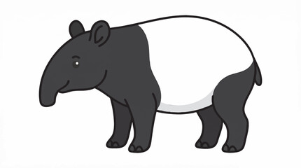 Fototapeta premium Malayan Tapir Black and White Exotic Animal Cartoon Illustration
