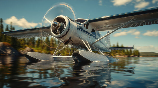 Close-up of white floatplanes resting on a calm lake, reflecting serene waters and peaceful atmosphere, ideal for travel, aviation, and nature concepts.