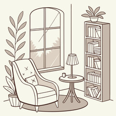 Cozy reading nook with chair and bookshelf © Khaleq