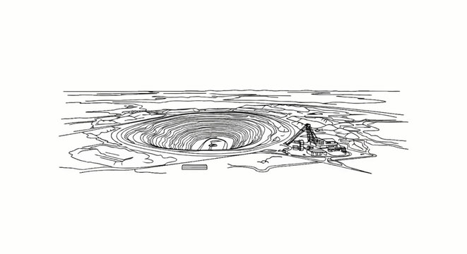 Aerial view sketch of a vast open-pit mine with terraced sides